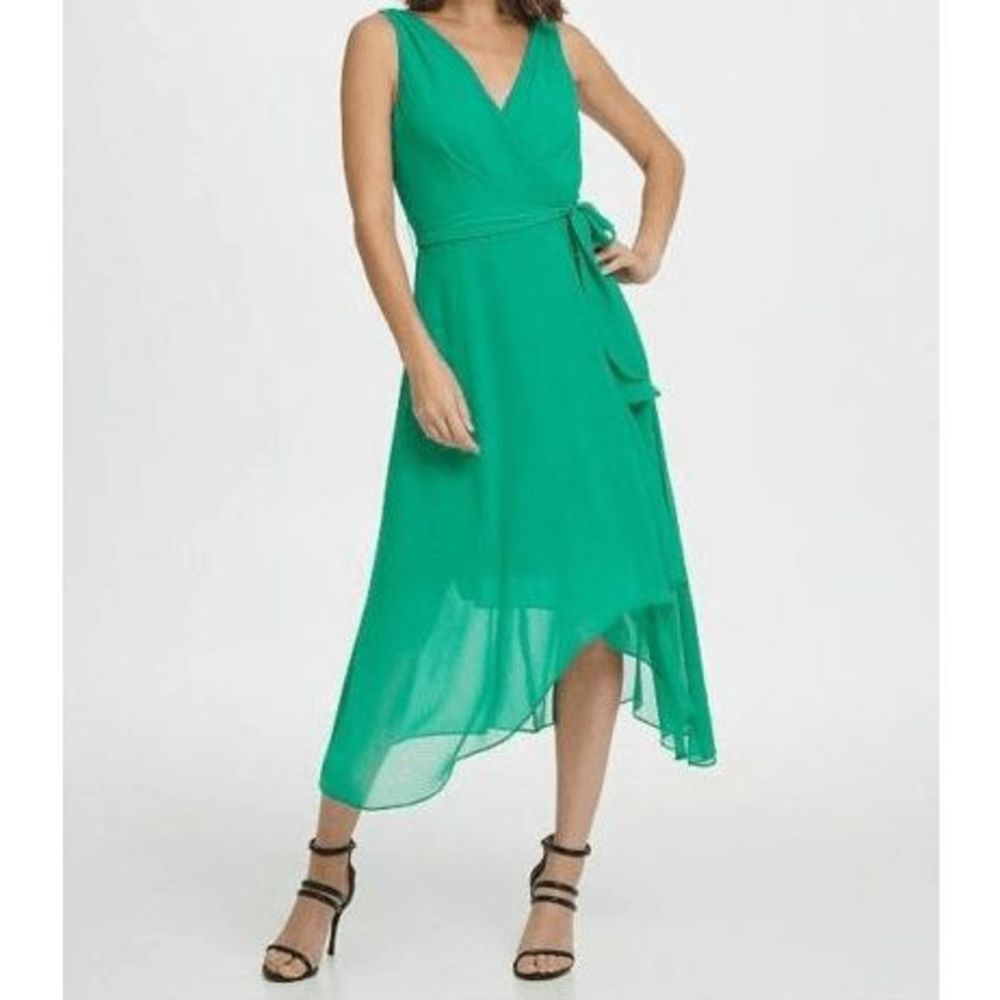 DKNY Sleeveless Faux-Wrap Dress Apple Green 16